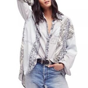 Free People All Patched Up Bandana Chambray Button Down Shirt Size Small